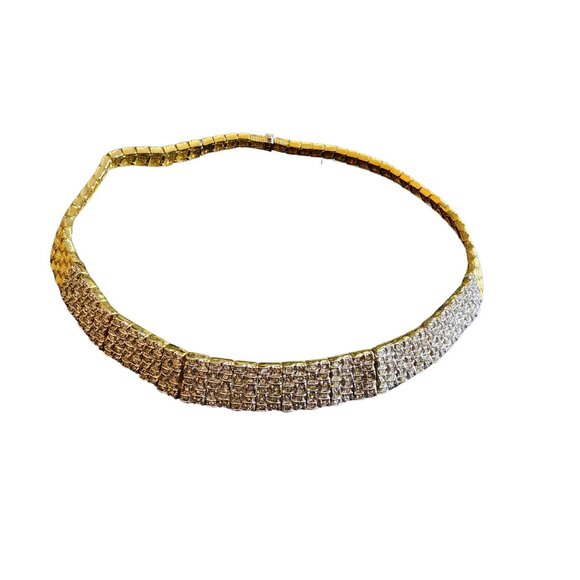 Vintage Designer Quality Textured Gold Plated Pave Rhinestone Hinged Necklace - Picture 2 of 8